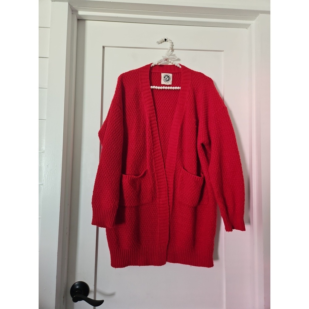 Oversized Red Popcorn Knit Cardigan Sweater L/XL Open Front Cozy Grandmacore‎